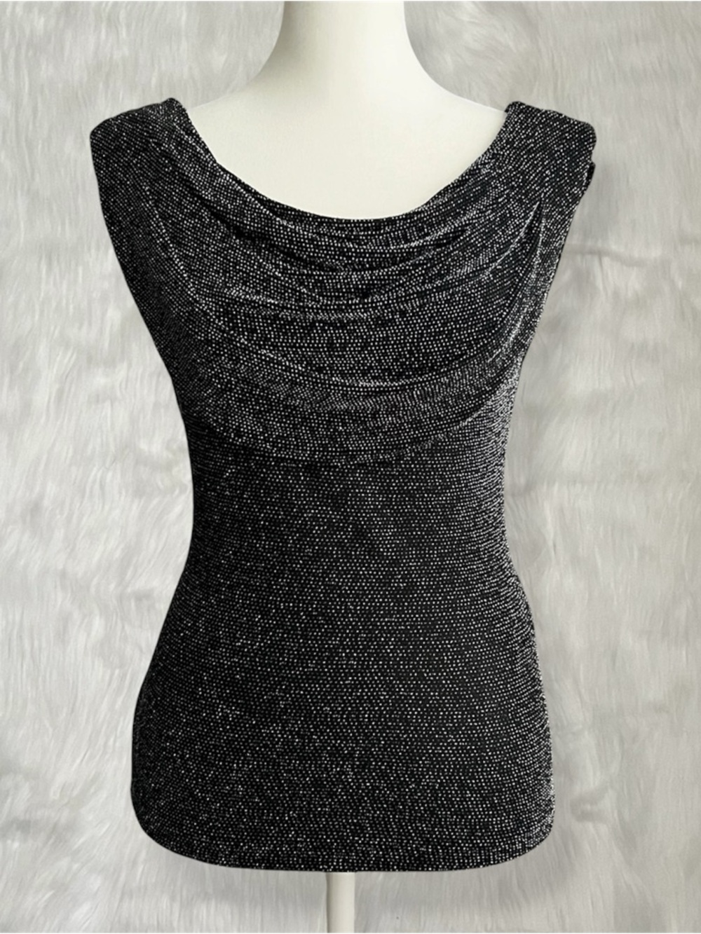 XSCAPE By Lawrence Kurtz Vintage Black Sparkly Cowl Neck Top With Exposed Back